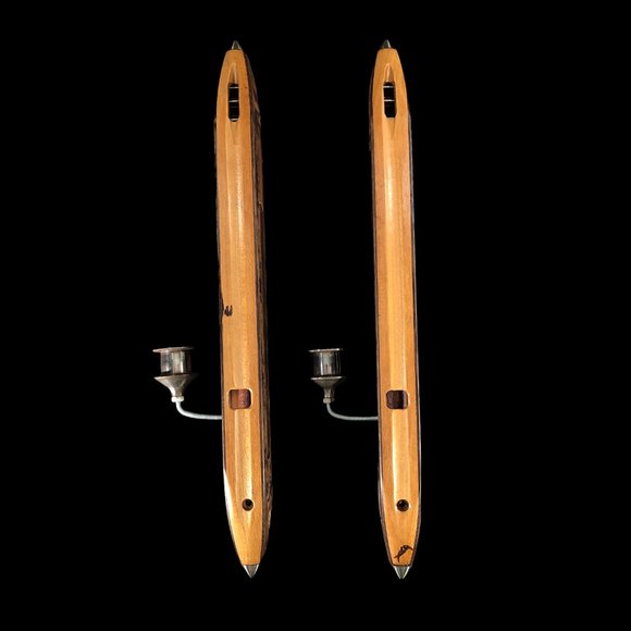 2ct VTG Candleholders Bullet Boat Shuttle Spool Wood Loom Weaving Cotton Mills - Picture 3 of 13